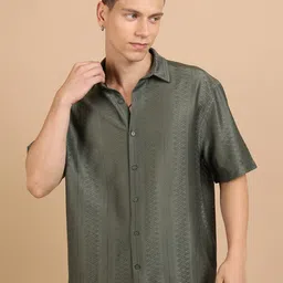 HIGHLANDER Self Design Drop-Shoulder Sleeves Crochet Oversized Casual Shirt-picture-31