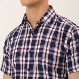 JAINISH Men Navy Blue & White Standard Tartan Checked Cotton Formal Shirt image 2