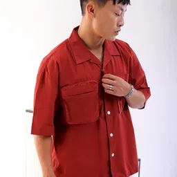 The Indian Garage Co Rust Boxy Fit Cuban Collar Drop-Shoulder Sleeves Pure Cotton Shirt image 3