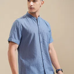 HIGHLANDER Men Mandarin Collar Micro Checks Striped Cotton Casual Shirt image 3