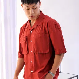 The Indian Garage Co Rust Boxy Fit Cuban Collar Drop-Shoulder Sleeves Pure Cotton Shirt image 4