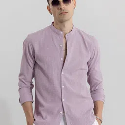 Snitch Purple Classic Self Design Textured Band Collar Cotton Casual Shirt image 4