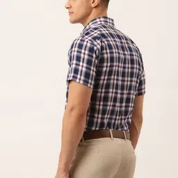 JAINISH Men Navy Blue & White Standard Tartan Checked Cotton Formal Shirt image 4