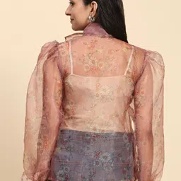 Phenav Floral Printed Puff Sleeves Organza Semi Sheer Shirt Style Tops image 4