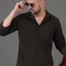 HERE&NOW Olive Green Slim Fit Textured Opaque Casual Shirt-picture-18