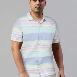 HIGHLANDER Men Blue & Green Slim Fit Opaque Striped Cotton Casual Shirt image 4