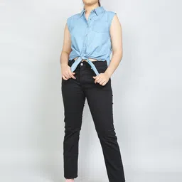 VYN Girls Shirt Collar Sleeveless Waist Tie-Ups Denim Cotton Shirt Style Top image 5