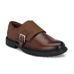 Hitz Men Brown Leather Buckle Formal Monk Shoes-image-23