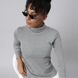 SHOWOFF Striped Printed High Neck Long Sleeves Casual Top-image-92