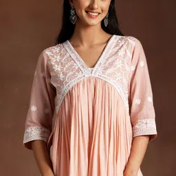 Libas Peach Ethnic Motifs Embroidered V-Neck Thread Work Pure Cotton A-Line Kurta Set image 2