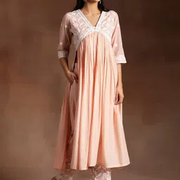 Libas Peach Ethnic Motifs Embroidered V-Neck Thread Work Pure Cotton A-Line Kurta Set image 4