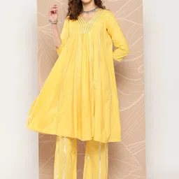 Inddus Ethnic Woven Design Empire Gotta Patti Pure Cotton A-Line Kurta With Palazzos image 1