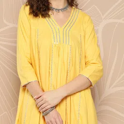 Inddus Ethnic Woven Design Empire Gotta Patti Pure Cotton A-Line Kurta With Palazzos image 2