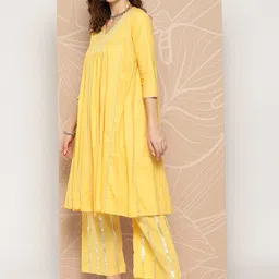 Inddus Ethnic Woven Design Empire Gotta Patti Pure Cotton A-Line Kurta With Palazzos image 4