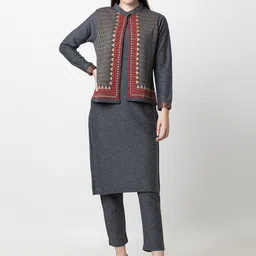 KEIKO Geometric Woven Design Straight Kurta With Trousers image 1