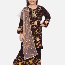 Little Bansi Girls Maroon Floral Embroidered Velvet Kurta with Palazzos & With Dupatta-picture-24