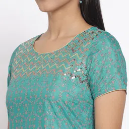 AURELIA Women Blue & Pink Printed Regular Sequinned Kurta with Palazzos image 3