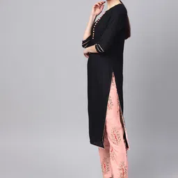 Idalia Women Black & Pink Regular Kurta with Trousers image 5