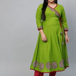YASH GALLERY Women Plus Size Green Solid Angrakha Anarkali Kurta image 1