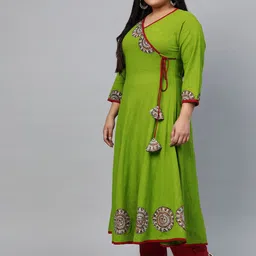 YASH GALLERY Women Plus Size Green Solid Angrakha Anarkali Kurta image 3