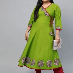 YASH GALLERY Women Plus Size Green Solid Angrakha Anarkali Kurta image 5