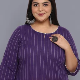 AURELIA Women Plus Size Violet & White Striped Keyhole Neck Thread Work Pure Cotton Kurta image 5