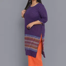 AURELIA Women Plus Size Violet & White Striped Keyhole Neck Thread Work Pure Cotton Kurta image 4