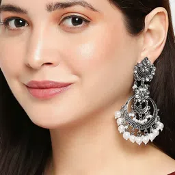 OOMPH Silver-Toned & White Contemporary Oxidised Chandbalis image 1