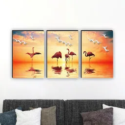 SAF Orange-Coloured & White 3 Pieces Crane Bird Matte Finish Wall Art image 1