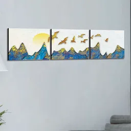 SAF White & Blue 3 Pieces Modern Art Printed UV Coating Wall Art image 1