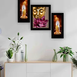 SAF Black & Gold 3-Pieces Lord Buddha Printed Framed Wall Art image 1