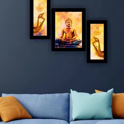 SAF Brown & Yellow 3 Pieces Buddha Modern Art Framed Wall Art image 1