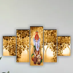 SAF 5 Pcs Beige Ganesha UV Textured Religious Theme Painting Wall Art image 1