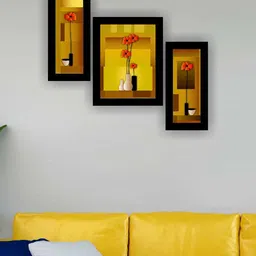 SAF Yellow & Orange Coloured 3 Pieces Flower Pot Modern Painting Wall Art image 1