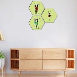 SAF Green & Black 3 Pieces Abstract Painting Hexagon UV Textured Wall Arts image 1