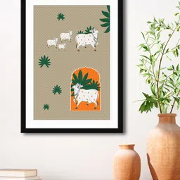 999Store Grey & White Cow With Flower Framed Printed Paper Painting image 1