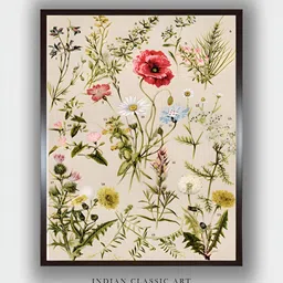 INDIAN CLASSIC ART Cream & Pink Floral Canvas Wall Paintings image 1