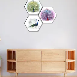 SAF White & Green 3 Pieces Peacock Printed UV Coating Wall Art image 1