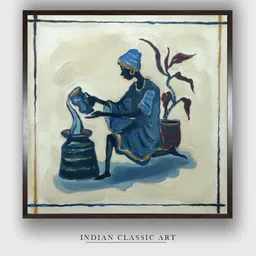 INDIAN CLASSIC ART Beige & Blue Indian Folk Painting Wall Art-picture-32