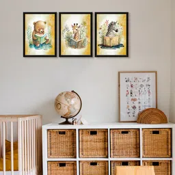 999Store 3-Pcs White & Brown Animals Reading Book Painting Framed Wall Art-picture-21