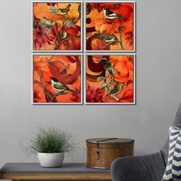999Store Set Of 4 Orange Birds Sitting On The Stems Canvas Wall Art image 1