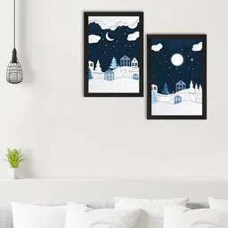 eCraftIndia Set Of 2 Black & Blue Winter Snowy Night Satin Matt Texture UV Art Paintings image 2