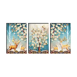 SAF Blue & Cream Colored 3 Pieces Deer And Tree Painting Wall Arts image 2
