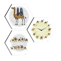 SAF Yellow & White 3 Pieces Traditional Camel Painting Hexagon UV Textured Wall Arts image 2