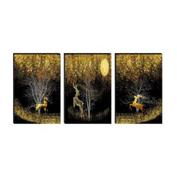 SAF Black & Yellow 3 Pieces Abstract Tree & Deer Painting Waterproof Wall Arts image 2