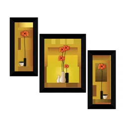 SAF Yellow & Orange Coloured 3 Pieces Flower Pot Modern Painting Wall Art image 2