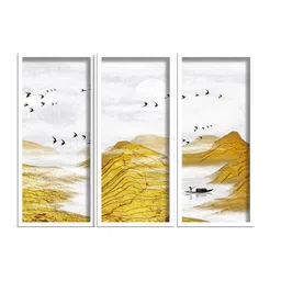 SAF Grey & Brown 3-Pieces Boat And Birds Printed Framed Wall Art image 2