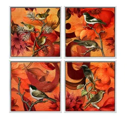 999Store Set Of 4 Orange Birds Sitting On The Stems Canvas Wall Art image 2