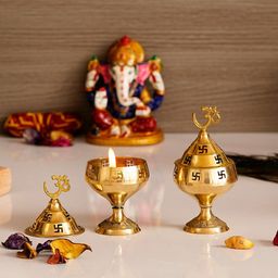 eCraftIndia Gold-Toned Set of 2 Om and Swastik Brass Diya-picture-22