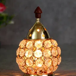 eCraftIndia Gold-Toned & Transparent Crystal & Brass Akhand Diya-image-56